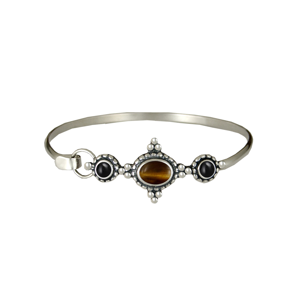 Sterling Silver Gemstone Strap Latch Spring Hook Bangle Bracelet Tiger Eye And Black Onyx